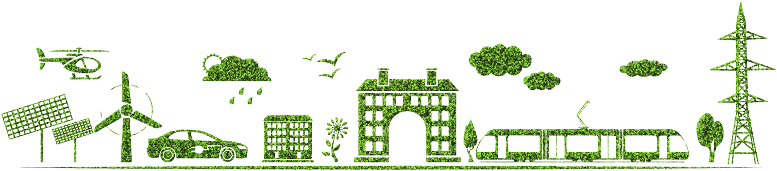 Solar panels, wind turbine, electric car, buildings, tram and pylon rendered in foliage