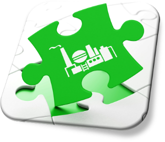 A green jigsaw piece bearing an industrial plant, completing a white puzzle