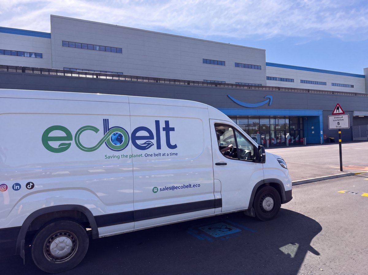 An Ecobelt van outside an Amazon distribution centre, on site for a belt fitting